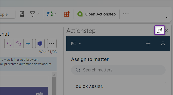 The Actionstep Outlook Add-in sidebar opened with the pin icon highlighted