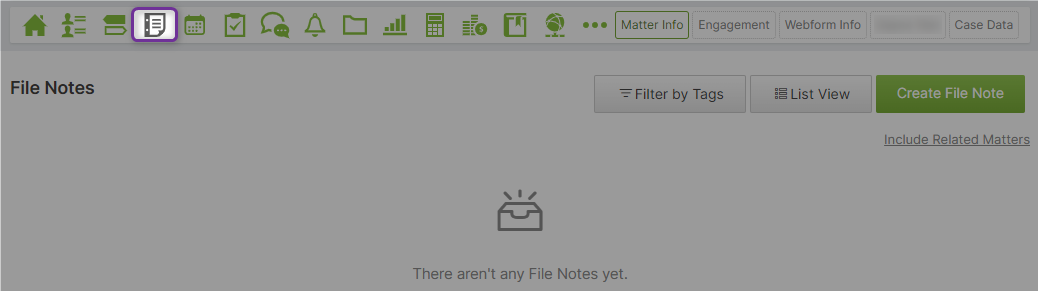 The matter navigation menu with the file notes tab circled