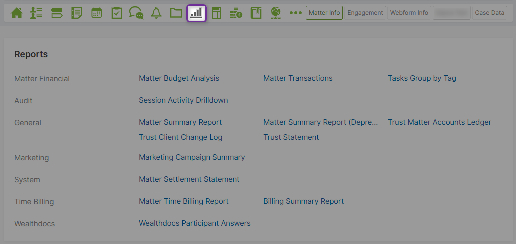 The matter navigation menu with the reports tab circled