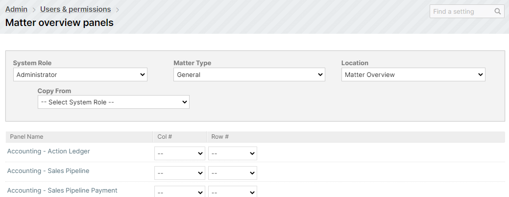 Matter overview panel settings in admin