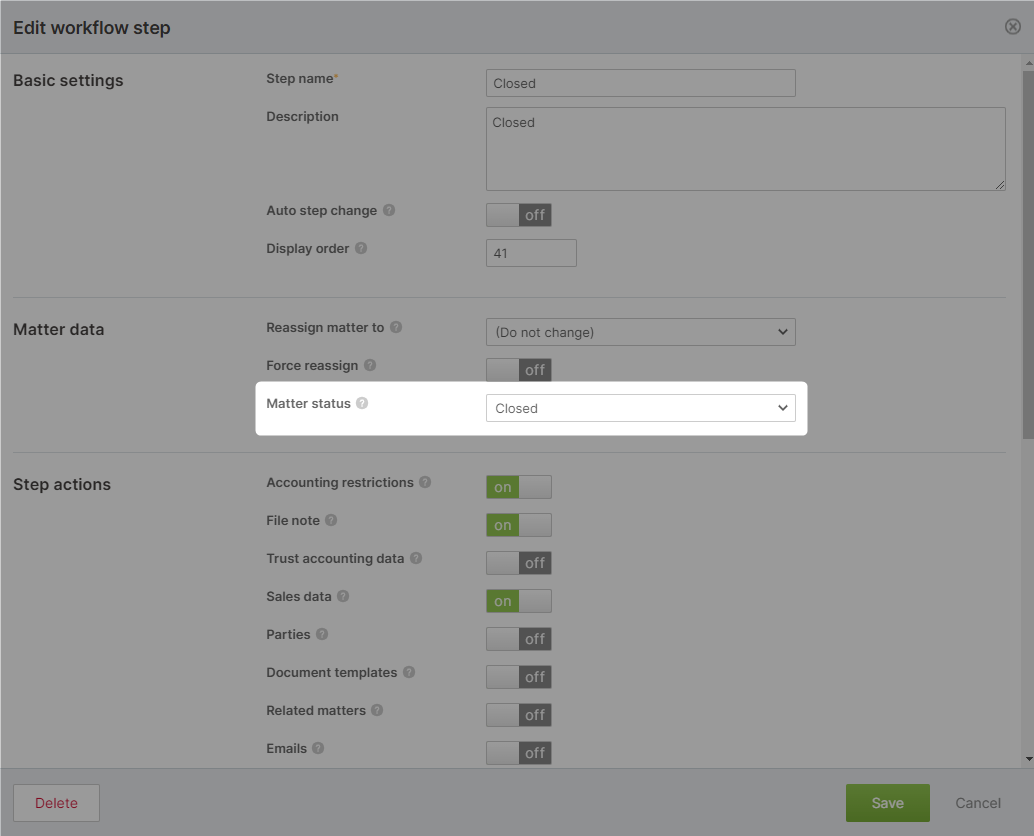 The setting to determine a workflow steps status in the admin section