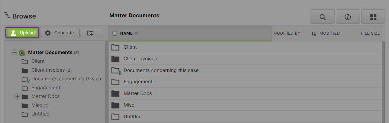 upload button in the documents tab on a matter