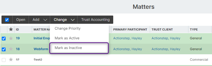 Matters list with multiple matters selected to bulk set to inactive