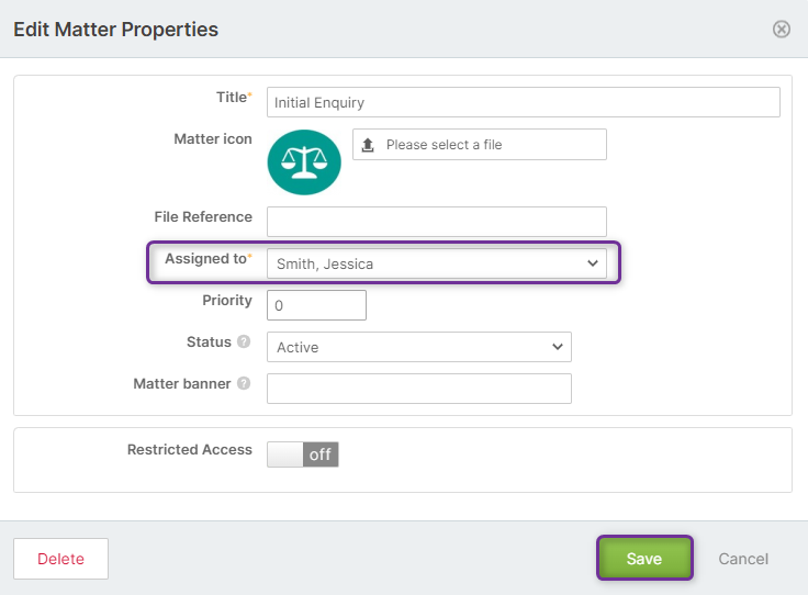 Matter properties screen with the 'assigned to' field and the save button circled